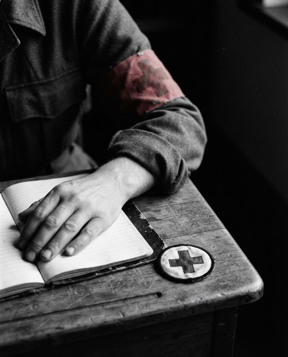Red Cross Youth uniform sleeve and notebook, high-grain film