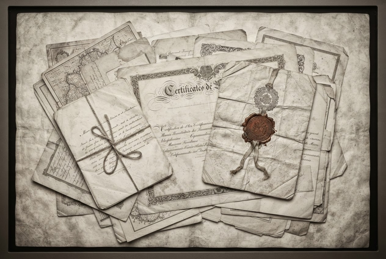 The Evidence Vault — scanned certificates flat-lay