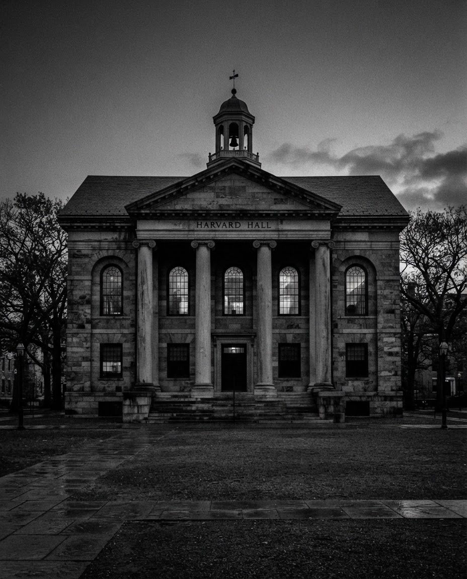 Colonial school building facade at dusk, high-grain noir film